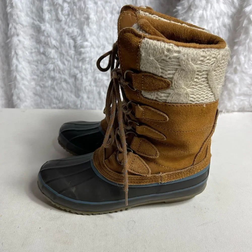KHOMBU Cozy brown leather suede,navy blue rubber & beige knit lace up boots SZ7